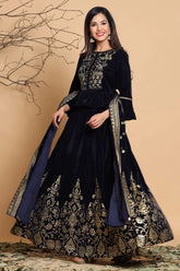 Navy Velvet Emboss Print Lehenga Choli Dupatta Set